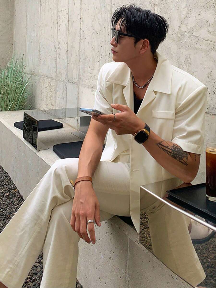 DAZY Summer Solid Office Wear Men's Lapel Neck Short Sleeve Blazer And Pants Suit - White - View 1