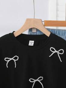 SHEIN Leap Crew Teen Girl Solid Black Pearl Bow Design Casual Round Neck Short Sleeve T-Shirt - Black - View 4