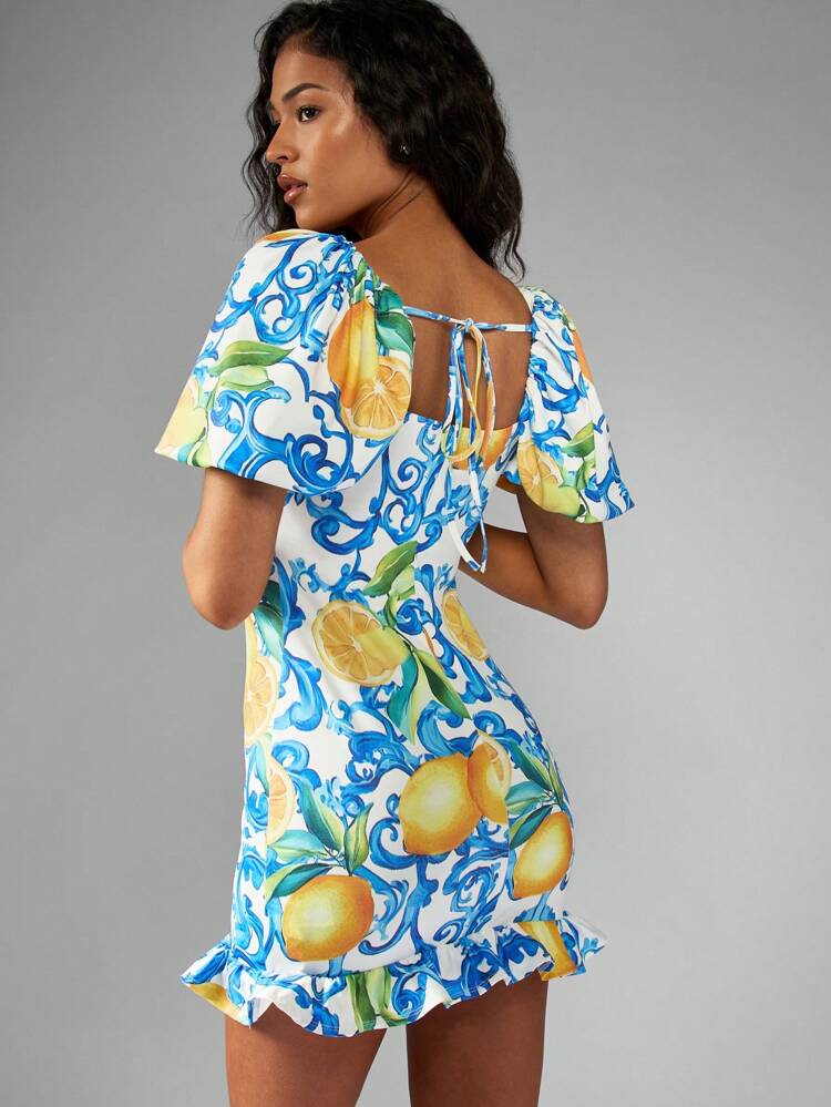 MISSGUIDED Italian Riviera Puff Sleeve Mini Dress With Yellow Citrus Print Ruffle Hem Summer Wedding Guest Dress Spring Garden Party Dress Vacation Beach Resort Dress