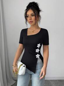 Elenzga 女式纯黑色 3D 花卉装饰短袖开衩 T 恤，夏季 - 黑色 - 查看 5