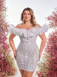 Glamrae Robe de cocktail ajustée en organza avec volants, décolleté en V, épaules dénudées, ornée de sequins, pour fête ou mariage, grande taille, élégante et romantique - Blanc - Voir 1