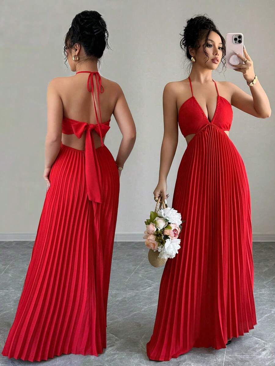 Rafferiza Elegant French Style Red Woven Backless Criss-Cross Halter Dress For Women, New Summer Design