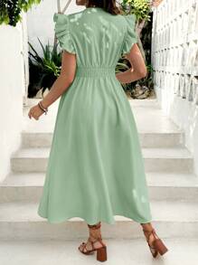 SHEIN Maternity V-Neck Ruffle Puff Sleeve Waisted A-Line Dress, Summer - Green - View 2