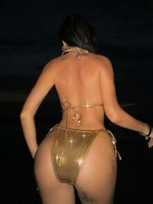 Swim Vcay Women's New Summer Beach Metal Effect Fabric Large Shell Decor Sexy Triangle Bikini Set - Gold - View 4