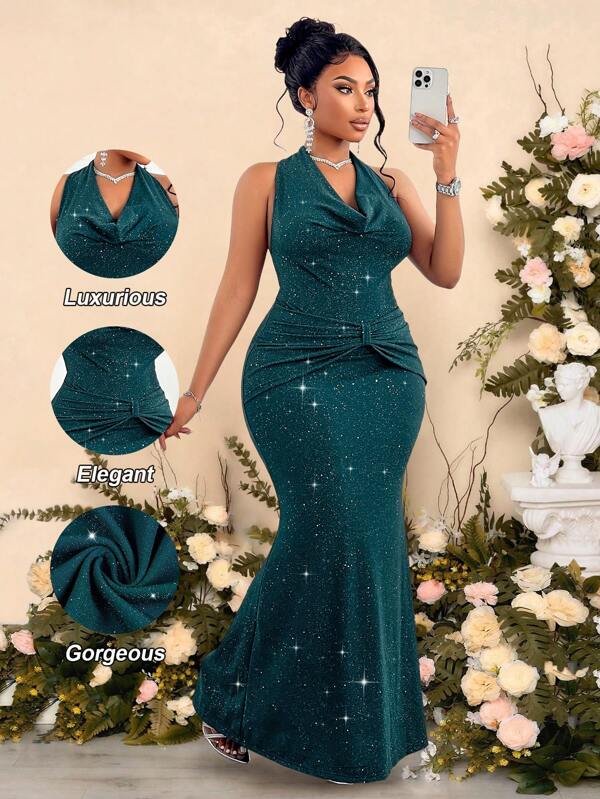 SOLERSUN Rochie de dimensiuni mari pentru femei, de culoare solidă, cu guler cu căpăcel, strălucitor, slim fit, rochie sirenă smarald, formală, potrivită pentru vacanțe și întâlniri, pentru Crăciun ținută maxi pentru femei