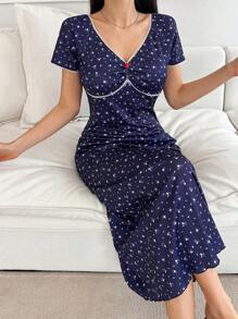 DAZY 女士碎花修身V领短袖睡袍 - 藏蓝色 - 查看 1