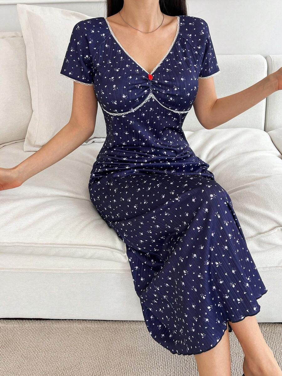 DAZY 女士碎花修身V领短袖睡袍 - 藏蓝色 - 查看 1