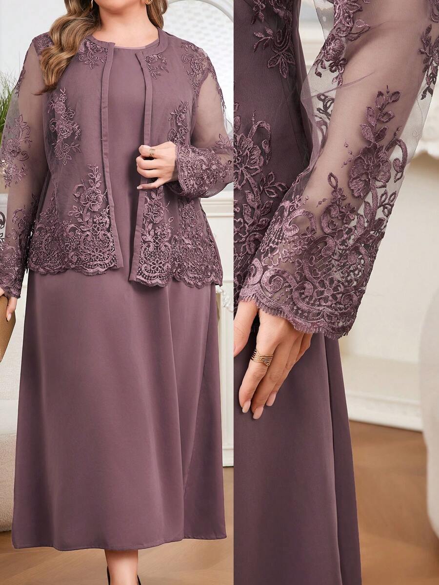 Modelyn Plus Size 2pcs Set Mesh Embroidered Solid Color Cardigan Top And Dress - Purple - View 1