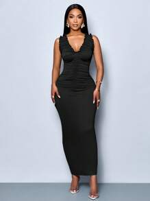 SOLERSUN Women's Spring Summer Solid Color Vacation Beach Elegant Simple Daily Wear Ruched Bodycon Dress Sleeveless Split Hem - Black - View 6