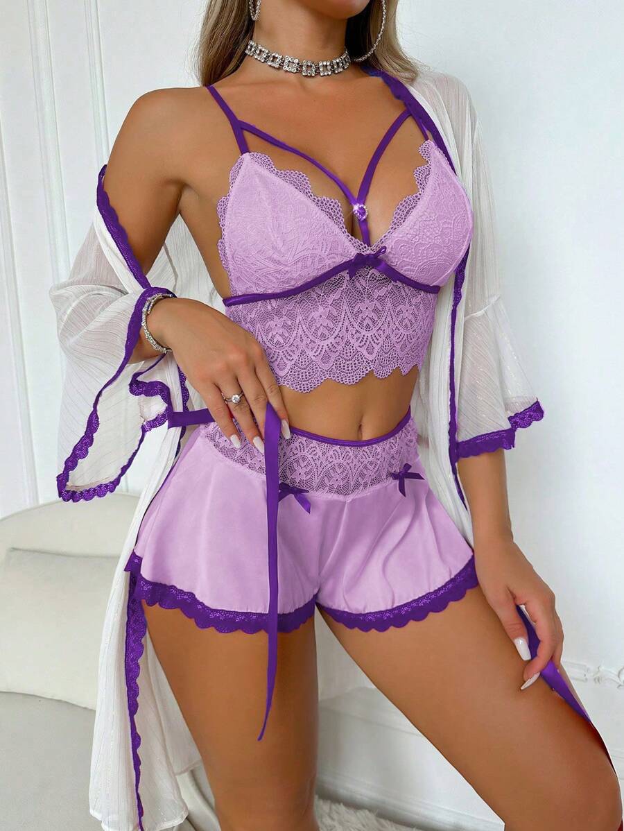 PetitDoll 3pcs/Set Women Sexy Lace Patchwork Sleepwear Set