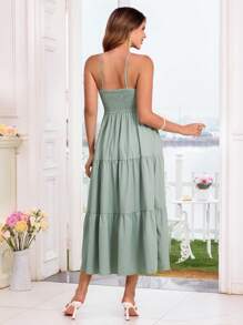 SHEIN Váy bầu hở lưng màu trơn đơn giản cho bà bầu, mùa hè - Màu xanh Bạc hà - Xem 2