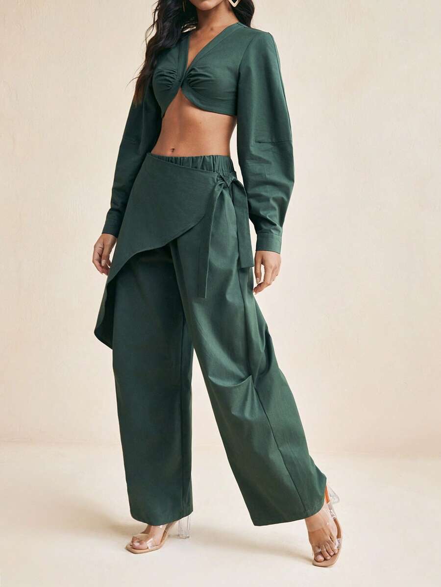 GYD studio 绿色斜纹结饰裙弹力裤两件套休闲度假运动裤女装工作女裤女装两件套女装两件套女装两件套女装两件套工作服女装女装夏季套装女装两件套