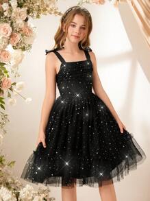 Tween Girls' Off-Shoulder Star Mesh Stitching Party Banquet Wedding Dress, Elegant And - Black - View 8