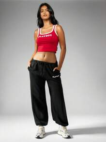 Missguided x Playboy MISSGUIDED Logo Athletik Jogginghose Streetwear Loungewear Trainingshose mit Taschen, elastischer Bündchen, Winter und Herbst Freizeitkleidung, bequem