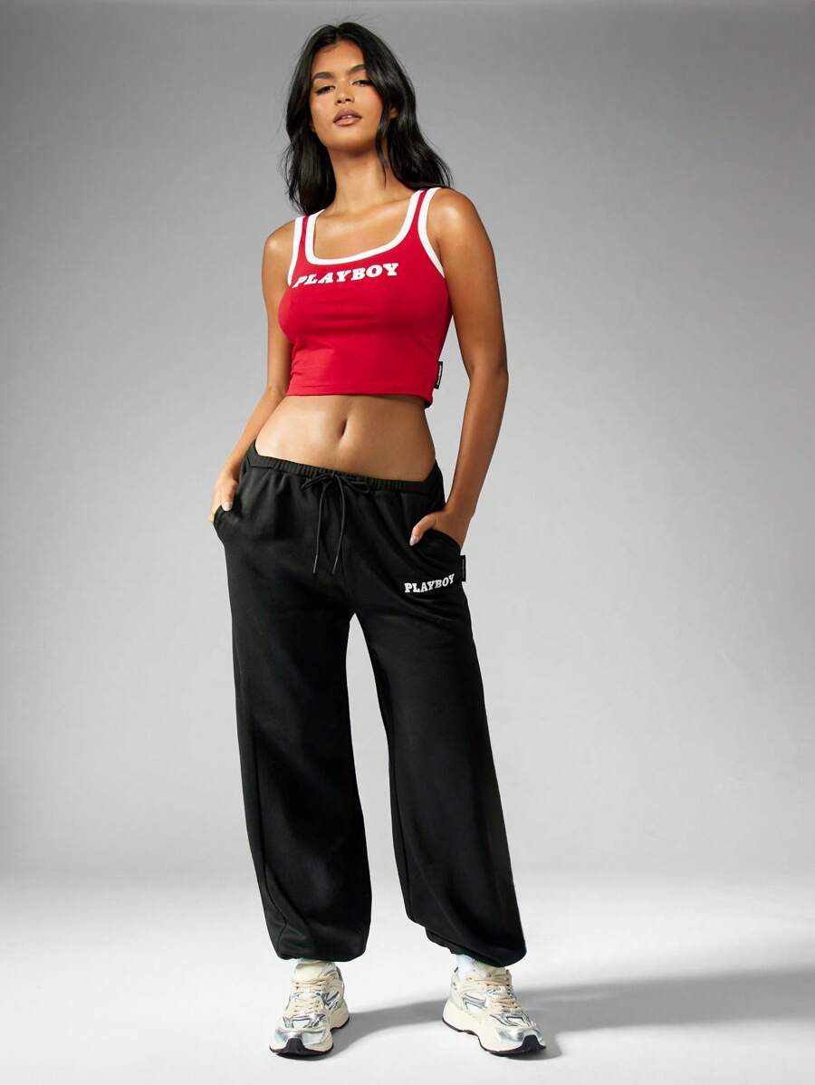 Missguided x Playboy MISSGUIDED Logo Athletik Jogginghose Streetwear Loungewear Trainingshose mit Taschen, elastischer Bündchen, Winter und Herbst Freizeitkleidung, bequem