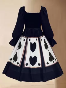 Flirla Plus Size Women Playing Card Graphic Contrast Color Casual Dress - Navy Blue - View 2