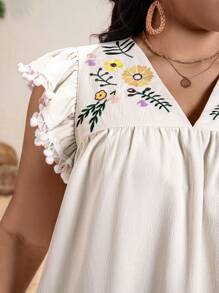 SHEIN Clasi 女士仿刺绣花卉印花荷叶边下摆无袖连衣裙 - 杏色 - 查看 6