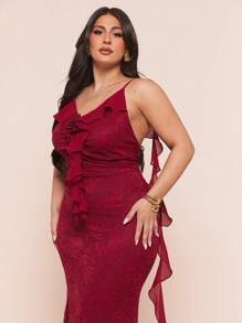 SHEIN BAE 夏季海滩度假大码服装节日服装派对聚会、约会旅行、外出、音乐节服装、音乐会服装、乡村音乐节服装，女士优雅浪漫 3D 花卉装饰情人节/度假无袖连衣裙，带透明蕾丝拼布和荷叶边下摆 - 酒紅色 - 查看 6