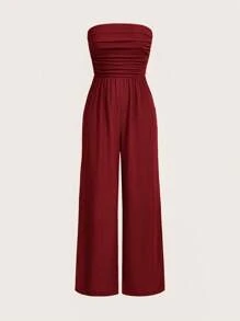 SHEIN EZwear 大码女式纯色褶皱抹胸式阔腿连身裤