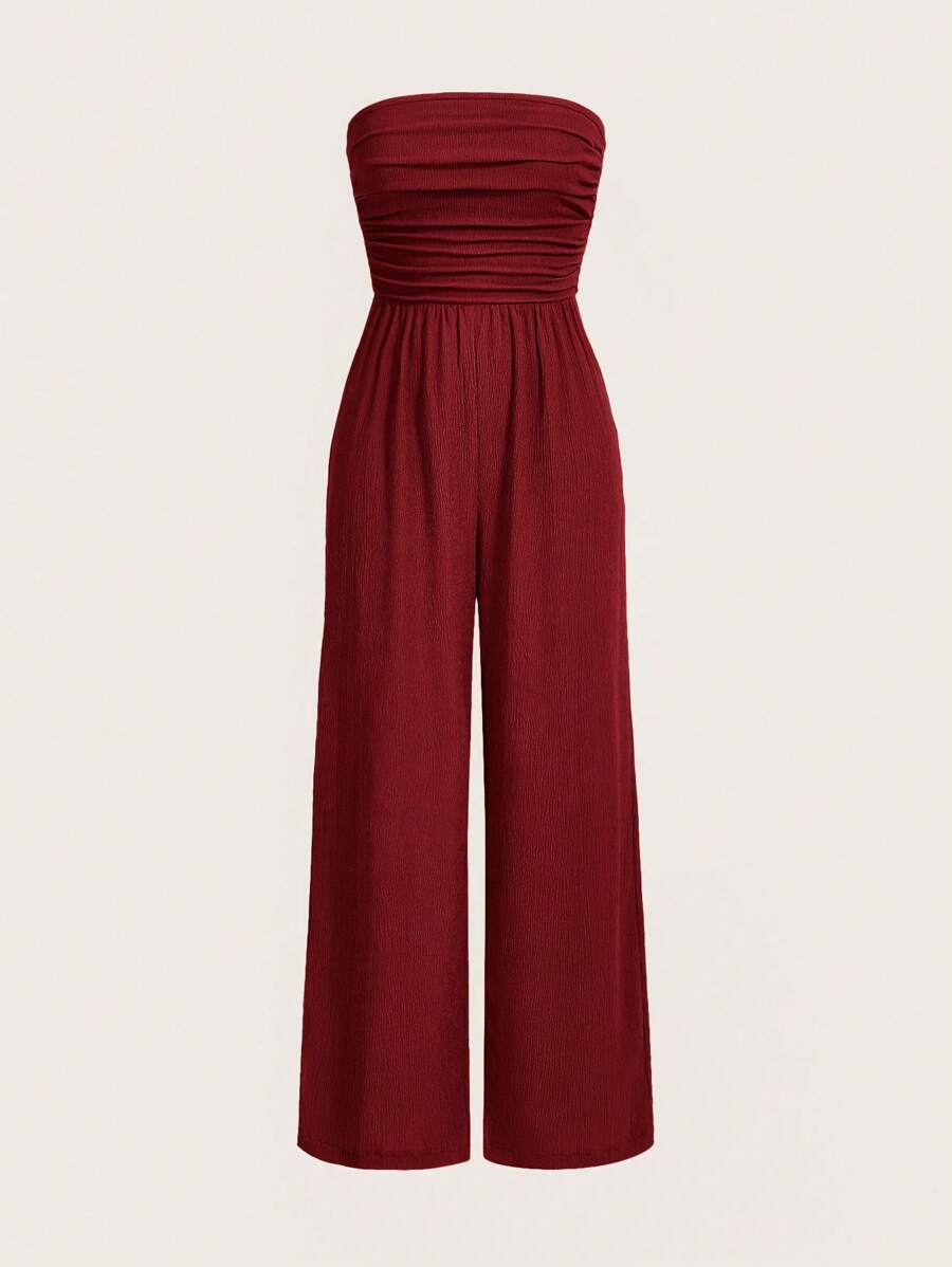 SHEIN EZwear 大码女式纯色褶皱抹胸式阔腿连身裤