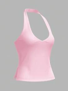 SHEIN BASICS 女士休闲纯色针织挂脖上衣 - 粉色 - 查看 7