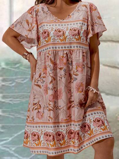 EMERY ROSE Plus Size Casual Floral Print Dress, Vacation Style Summer Outfits For Women Tropical Vacation Woman Clothes Oversize Beach Ruffle Pastel,Beach Dress Sundress,Holiday Outfits Boho