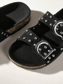 Solecia Giày sandal đế bằng bằng da lộn màu đen thời trang cho nữ, thích hợp để đi làm, hẹn hò, tiệc tùng, đi bộ, đi nghỉ - màu đen - Xem 3