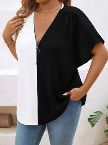 大码女式拉链拼色休闲蝙蝠袖短袖衬衫 - 黑與白 - 查看 5