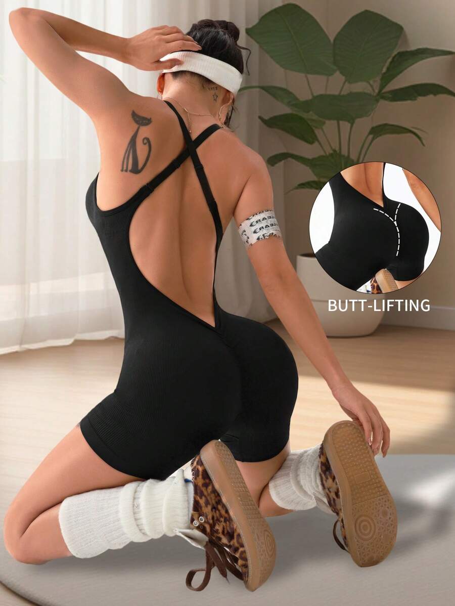 SHEIN Sports Seamless Sports Yoga Camisole Shorts Jumpsuit/Adjustable Criss-Cross Straps/Ruched Waistband/Booty Lifting Peach Butt/Fitness Yoga - Black - View 1