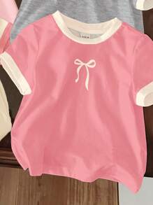 SHEIN 4 件套年轻女孩休闲撞色边饰可爱樱桃、心形、蝴蝶结印花圆领短袖 T 恤，上衣适合春夏季 - 彩色 - 查看 4