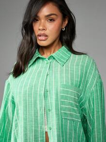 MISSGUIDED Chemise boutonnée rayée oversize, manches longues, Top décontracté, couvre-tout de plage pour le printemps et l'été, vacances, coupe ample, col chemisier, Noël - Vert - Voir 3