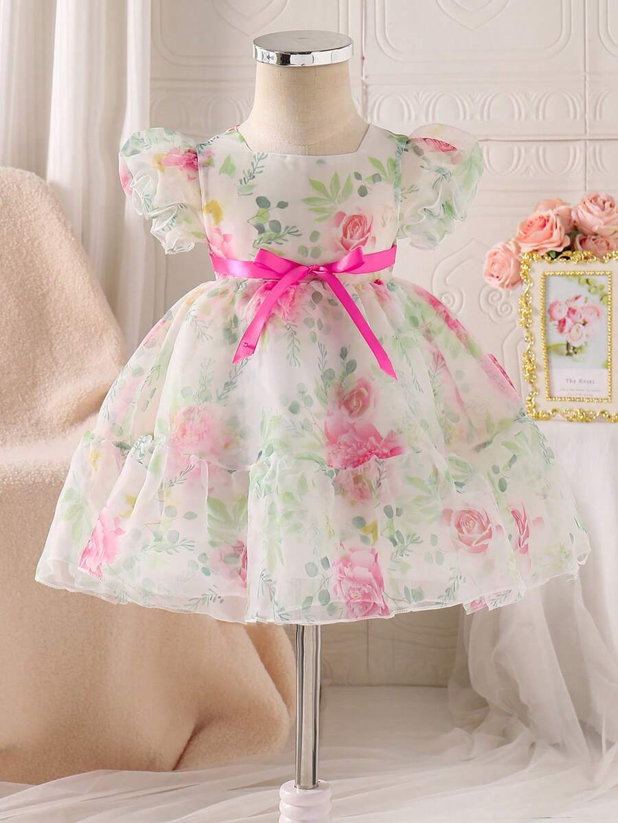 SHEIN Glamorique Kids Baby Girl Ruffled Princess Party Dress With Ditsy Floral Puffy Sleeves, High-End Summer Infant Occasion Dress - White - View 1