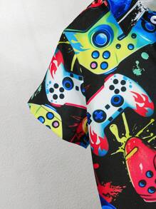 2pcs Young Boy Funny Cool Versatile Polo Collar Shirt With Shorts Summer Outfit - Multicolor - View 6