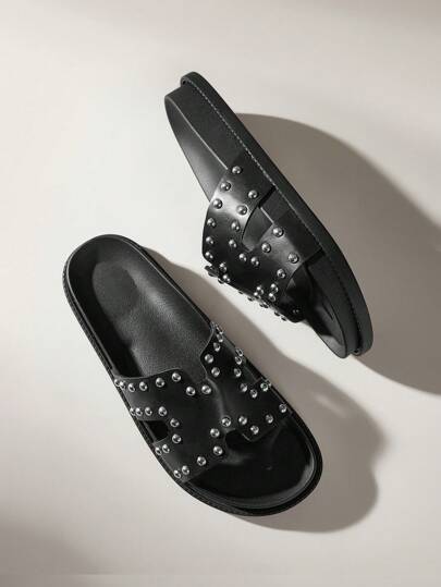 Solecia Damesmode Zwarte Eenvoudige Metalen Stud Decor Dikke Zool Muiltjes, Comfortabele Slip-On Voor Woon-werkverkeer, Date, Feest, Stijlvol