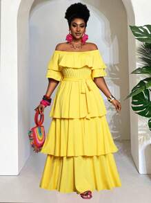 Slaydiva Plus Size Women 2025 New  Butter Yellow Arrival Casual Daily Beach Off Shoulder Layered Ruffle Belted Dress, Suitable For Spring/Summer - Yellow - View 12