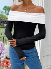 SHEIN LUNE Frühlings Break Oberteile Damen Off-Shoulder Schwarz & Weiß Langarm Crop Slim Fit T-Shirt, Frühling - Schwarz und Weiss - Übersicht 6