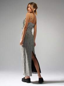 MISSGUIDED 泡泡纱格子格子马克西连衣裙意大利面表带夏季海滩帝国腰部烟熏紧身胸衣全长度假背心裙 - 黑色 - 查看 2