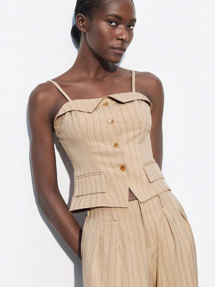 SHEIN Maija 2025 Spring/Summer New Fashion Casual Modern Comfortable Women Khaki Color Striped Top, Suitable For Music Festival, Beach Vacation, Daily Casual, Romantic Urban Resort, Outings, Gatherings, Weddings, Graduation Business Casual Woman Western Airport For Women