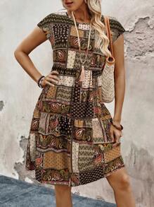 EMERY ROSE Women's Summer Dress With Pattern Print And Short Sleeves - Army Green - View 6