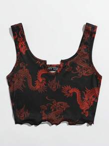 SHEIN EZwear Dragon Print Lettuce Trim Crop Tank Top