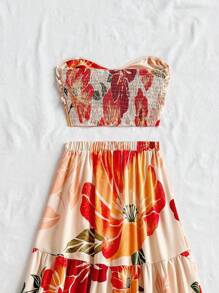 Soleia 女士夏季服装，女士两件套，女士度假服装，复活节，女士西部服装，女士婚礼宾客服装，女士演唱会服装，狂欢节服装，夏季浪漫花卉印花前系带抹胸上衣和松紧腰A字裙女士两件套 - 彩色 - 查看 6