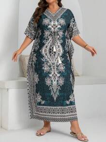 Al Najma Plus Size Women's Floral Print V-Neck Dress With Side Slit,Robe,Modest,Abaya