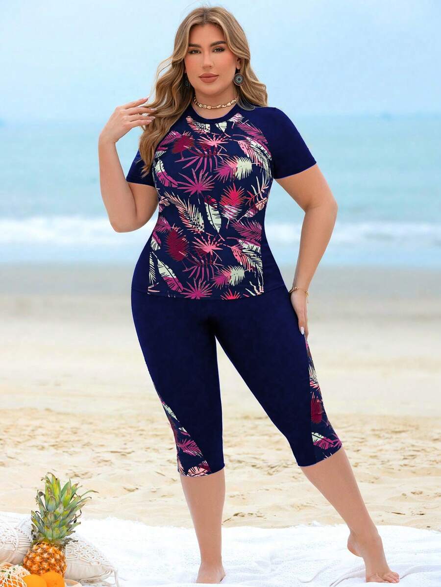 Swim Lushoire Plus Size 2 Pieces Plant Leaf Print Patchwork Tank Top & Long Swim Shorts Bikini Set, Casual And Suitable For Beach Holiday, Women For Summer Beach Vacation