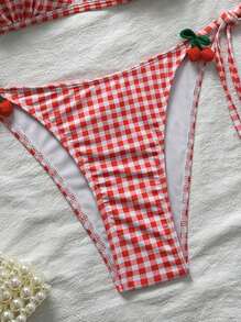 SHEIN 2pcs/Set 2025 New Women Plaid Print Triangle Tie Front Bikini Set Tankini Bottoms, Cute Summer Beach Holiday Girl Bikini Swimwear