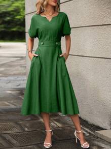 SHEIN Clasi Notched Neckline Batwing Sleeve Dress Maxi Women Outfit - Olive Green - View 3