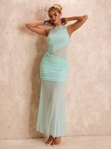 Glamine Glamine Mesh Overlay Ruffle Dress Split See Through Breezy Sea Salt, Light Blue, Light Green Vacation Dress Summer Outfits Vacation Outfits Woman Summer Clothes Dress For Women