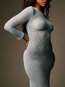 MISSGUIDED Abito da sera lungo con paillettes e perline, vestito lungo con maniche in maglia a uncinetto, occasione speciale, abito da cerimonia per invitato di matrimonio, abito da festa invernale formale