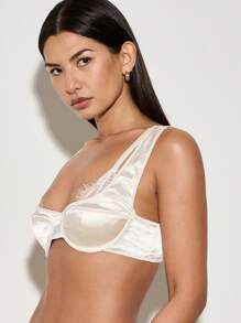 AiiRZ Satin Bralette Top Padded Crop Bustier With Delicate Lace Trim Evening Party Bridal Lingerie Style Sleeveless Summer Festival Fashion - Apricot - View 8