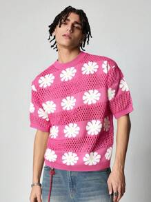 ROMWE MEN Casual Áo len nam tay ngắn thường ngày xuân/hè - Màu Hồng Tươi - Xem 3