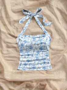 Soleia 2 pezzi Top di canottiera con stampa floreale ditsy blu su scollo a oliva e schiena scoperta, con pieghe, adatto per donna, ideale per vacanze al mare